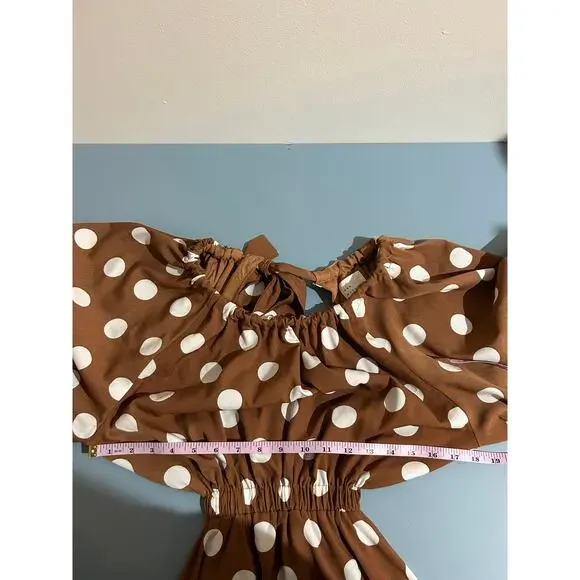 Dee Elly brown polka dot dress size M short cut outs puff sleeve lined - Picture 7 of 9